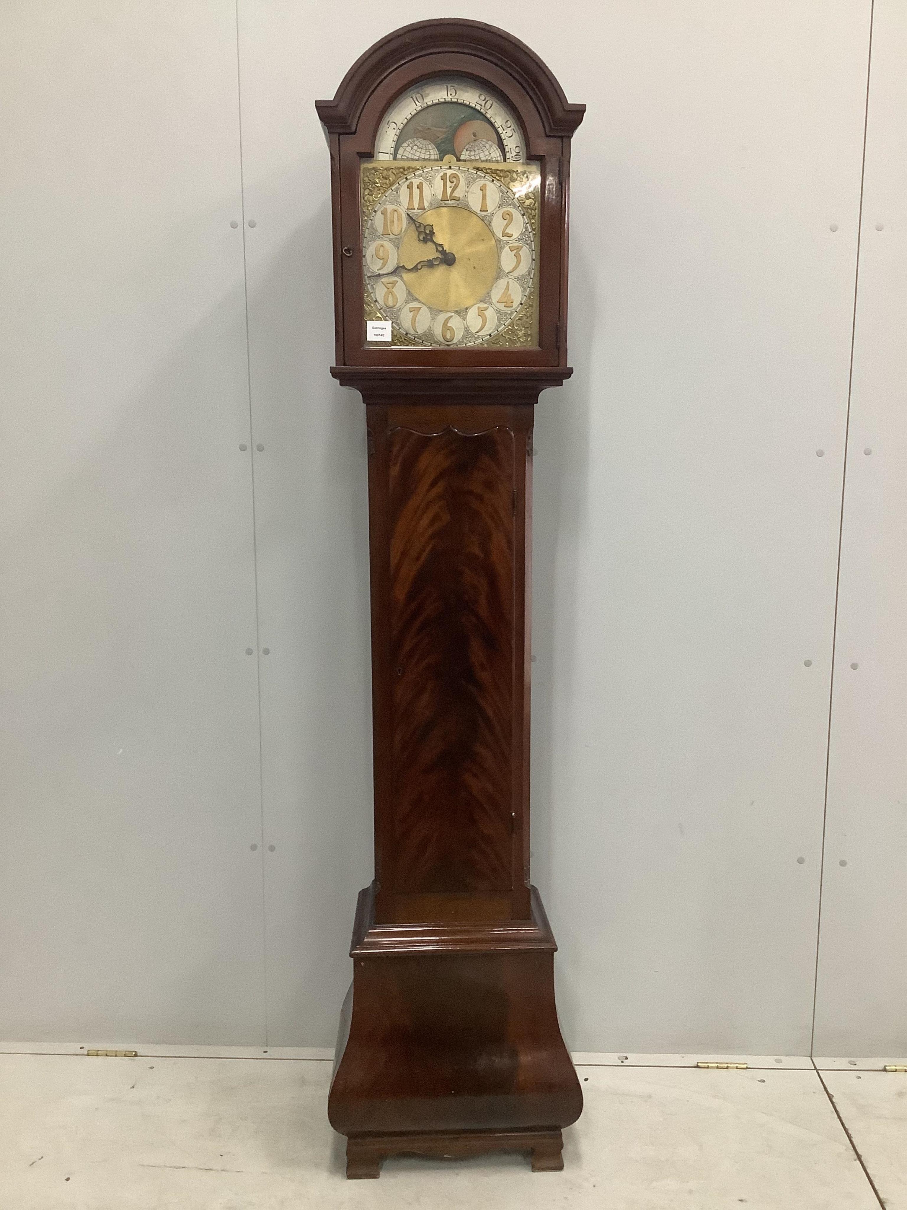 An Edwardian style mahogany striking and chiming eight day longcase clock, with moon phase, height 201cm. Condition - fair to good